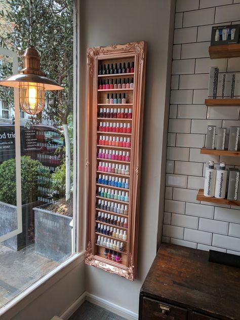 Professional Nail Polish Display, Gel Polish Display Ideas, Nail Suite Ideas Boho, Nail Storage Ideas Small Spaces, Small Nail Salon Ideas, Nail Desk Ideas, Desain Salon Kuku, Nail Polish Organization, Nail Polish Wall