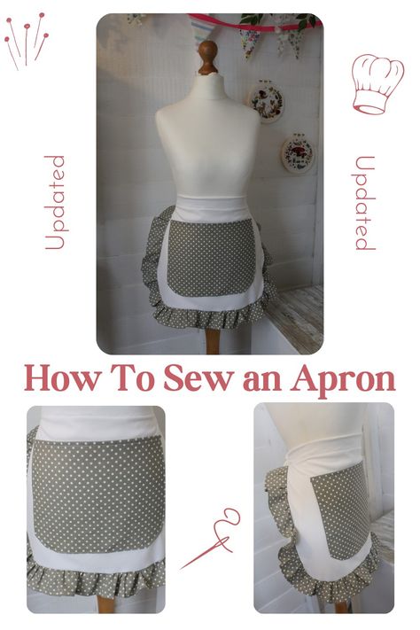 handmade apron on tailors dummie Diy Waist Apron, Half Apron Pattern Free Easy, Waist Apron Pattern, Easy Apron Pattern Free, Egg Apron Pattern Free, Free Apron Sewing Patterns, Shoe Bakery, How To Make Aprons, Easy Apron Pattern