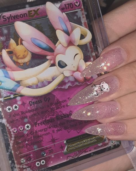 Sylveon Pokemon Card, Pink Pokemon Nails, Pokemon Pink Aesthetic, Sylveon Nails, Pink Pokemon Aesthetic, Sylveon Aesthetic, Sylveon Wallpaper, Pink Pokemon, Sylveon Pokemon