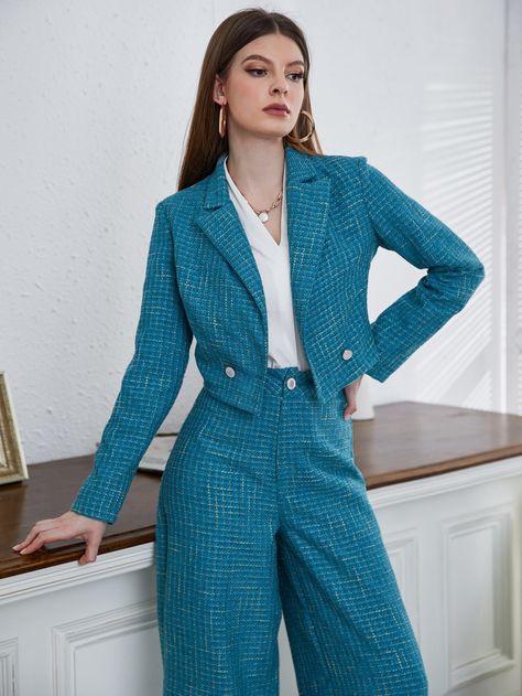 Teal Blue Elegant  Long Sleeve Tweed Plain  Embellished Non-Stretch Spring/Fall Women Suits Blue Tweed Suit Women, Unique Womens Suits, Blue Women’s Suit, Fun Suits For Women, Turquoise Suit Women, Teal Outfits For Women, Blue Outfits For Women Classy, Pastel Suit Women, Cool Suits Women