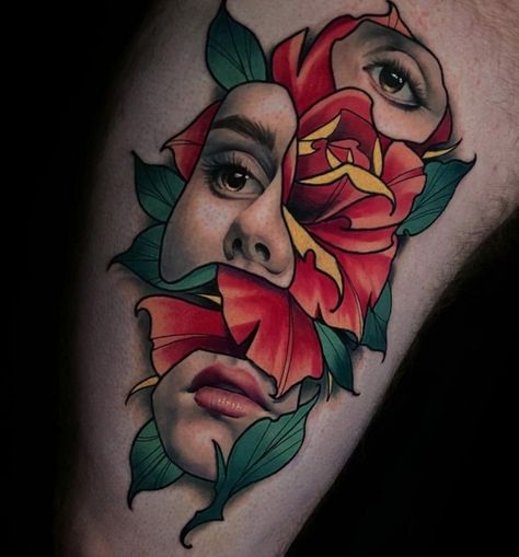 Traditional Tattoo Girls, Tato Realis, Neo Traditional Art, Watercolour Tattoos, Tattoo Sleeve Ideas, Neo Tattoo, Hyper Realistic Tattoo, Japanese Flower Tattoo, Album Artwork Cover Art