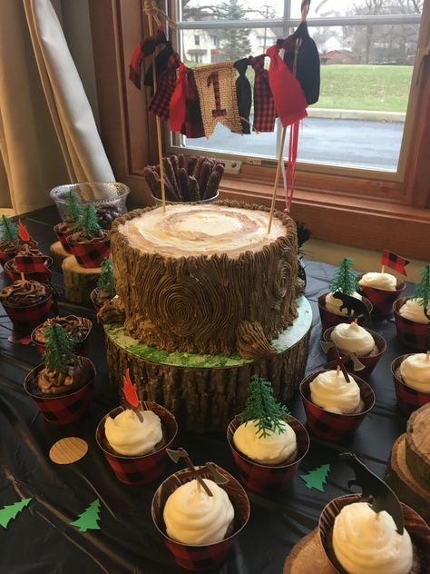 Lumberjack Smash Cake, Joey Birthday, Lumberjack Cake Smash, Stump Cake, Tree Stump Cake, Lumberjack Party, Cake Cupcakes, Tree Stump, Smash Cake