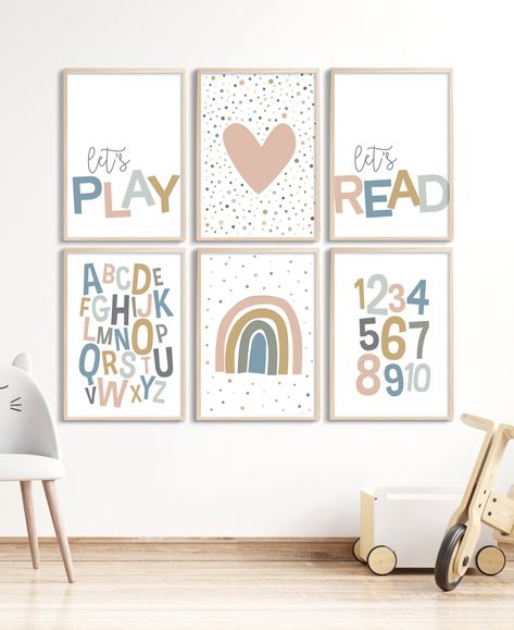 Excited to share this item from my #etsy shop: Printable wall art, Set of 6 Playroom kids posters, Alphabet and numbers, Lets Play, Lets Read, rainbow, pink heart, neutral room decor Printable Wall Art Toddler, Playroom Wall Pictures, Playroom Living Room Wall Decor, Lets Read Poster, Pastel Playroom Ideas, Playroom Art Wall, Toddler Room Wall Art, Playroom Decor Wall, Play Room Wall Art