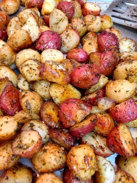 Sheet pan roasted potatoes. simple and delicious. Baked Small Red Potatoes In The Oven, Small Potatoes Recipe Ovens Easy, Oven Roasted New Potatoes, Oven Roasted Red Potatoes Easy, Baby Red Potato Recipes, Roasted Potatoes Red, Heirloom Potatoes, Roasted Potatoes In Oven, Roasted Small Potatoes