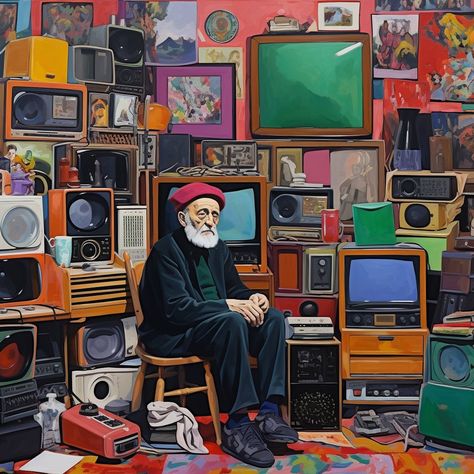 Painting of an old man hoarder in his crowded living room with six tv sets in the style of Henri Matisse Crowded Living Room, Tv Sets, Henri Matisse, Old Man, Old Men, Living Room, Tv