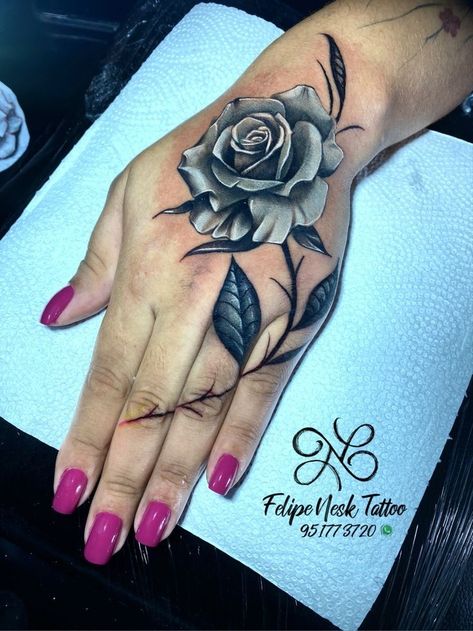 Hand Tattoo Cover Ups For Women, Best Rose Tattoos For Women, Rose Hand Tattoo Woman, Hand Tattoo Cover Up Ideas, Rose Tattoo On Hand, Hand Tattoo Cover Up, Heart Tattoo Ideas, Skull Rose Tattoos, Rose Hand Tattoo