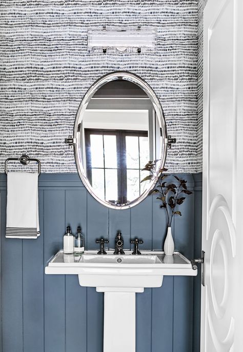 Emily Henderson Portland Traditional Powder Room1 #home #style Sw Waterloo, Powder Room With Pedestal Sink, Mirror Pedestal, Pivot Mirror, Portland House, Image Bleu, Powder Bathroom, Powder Room Wallpaper, Shiplap Bathroom