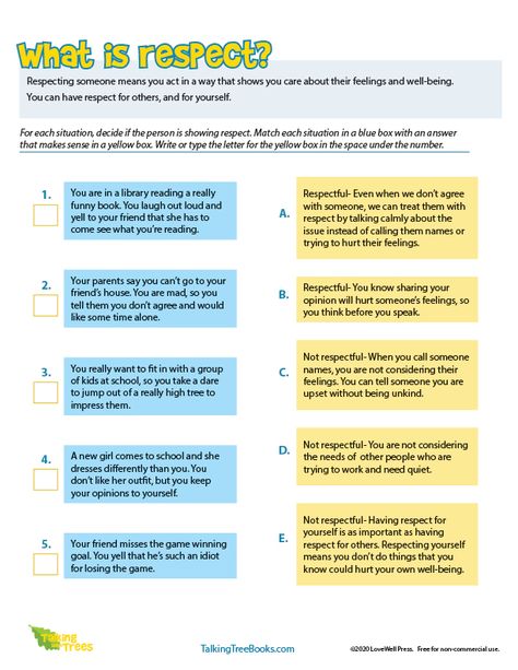 Respect Therapy Activities, Respect Worksheets Printables, Personal Responsibility Activities, Respect Worksheets For Kids, Respect Worksheet, Respect Activities For Kids, Respect Activities For Middle School, Activities To Teach Respect, Respect Middle School Activities