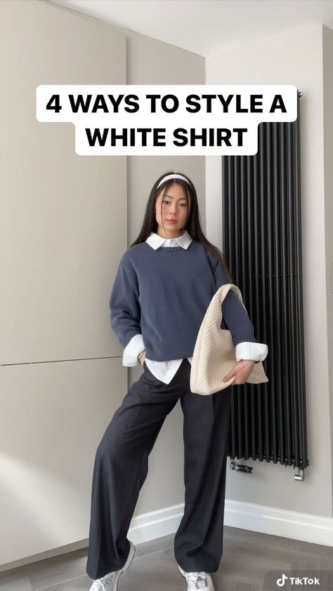 Shirt Under Sweatshirt Outfit, Shirt Under Sweatshirt, Shirt Under Sweater Outfit, Black Jumper Outfit, Olivia Yang, Style A White Shirt, Shirt Under Sweater, White Shirt Outfits, Jumper Outfit