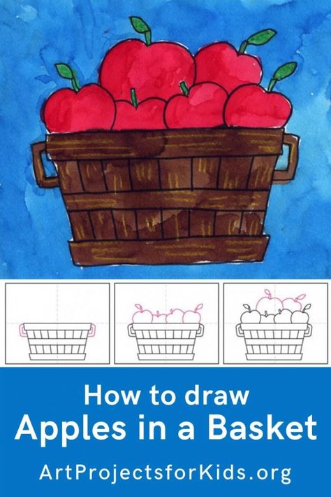 Learn how to draw apples in a basket with this fun and easy art project for kids. Simple step by step tutorial available. Elementary Apple Art Projects, Basket Of Apples Drawing, Apple Art For Kids, Farm Art For Kids, Paint A Basket, Apples In A Basket, Apple Art Projects, Bushel Of Apples, Directed Drawing Kindergarten