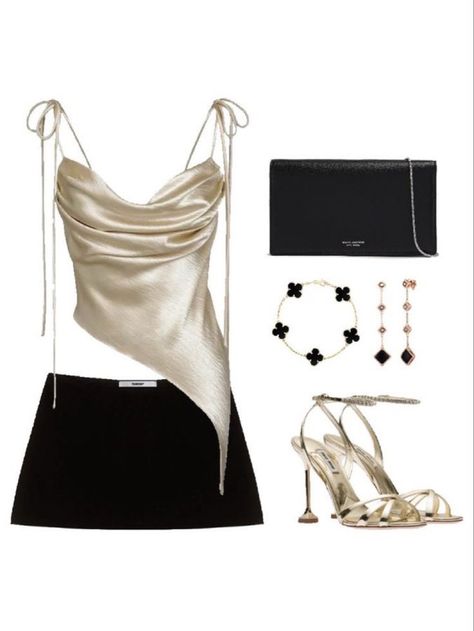 Outfits To Go Out At Night Club Fashion, Club Outfits For Summer, Fancy Clubbing Outfits, Gold Black Outfit Parties, Night At The Club Outfit, Dresses For The Club Night, Gold Outfits For Women Casual, Clubbing Dress Outfits, Gold Outfits Aesthetic