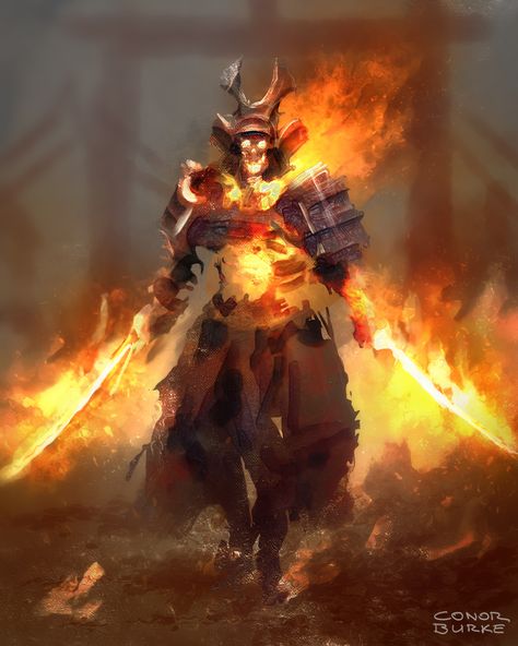 ArtStation - Fire Warriors, Conor Burke Fire Skeleton Art, Undead Samurai, Fire Skeleton, Fire Monster, Fantasy Samurai, Fire Warrior, Samurai Art, Fantasy Monster, Fantasy Armor