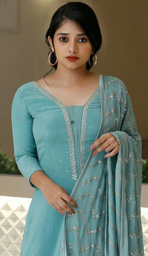 Sky Blue Colour, Salwar Neck Designs, Ethnic Suit, Churidar Designs, Simple Kurta Designs, Simple Kurti Designs, Neck Designs For Suits, Long Kurti Designs, Kurta Neck Design