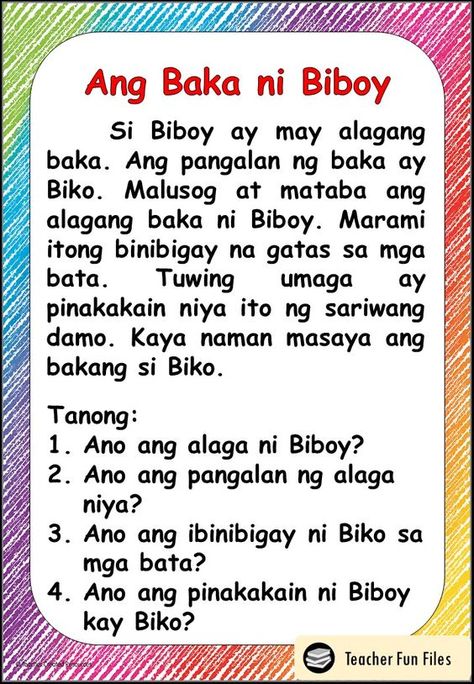 Teacher Fun Files: Filipino Reading Materials with Comprehension Questions Filipino Short Stories, Filipino Reading Comprehension, Filipino Story, Tagalog Reading For Kindergarten, Reading Materials For Grade 1 English, Filipino Reading Materials With Comprehension Questions, Tagalog Reading Comprehension Grade 1, Tagalog Story, Tagalog Reading For Grade 1