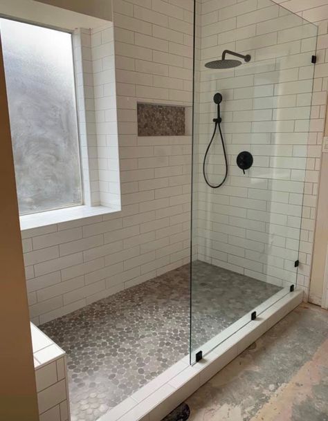 Shower With Frosted Window, Big Window In Shower, Shower With Off Center Window, Tub To Shower Conversion With Window, Master Bath Shower With Window, Large Walk In Showers Master Suite Tile, Narrow Walk In Shower Ideas, No Step Shower Walk In, Master Bath Remodel No Tub