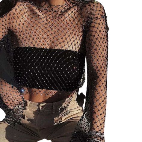 Mesh Top Outfit, Sparkly Pants, Sparkly Hair Accessories, Rhinestone Outfit, Mesh Dresses, 90s Outfits, Mesh Clothing, Sheer Tops, Hadid Sisters