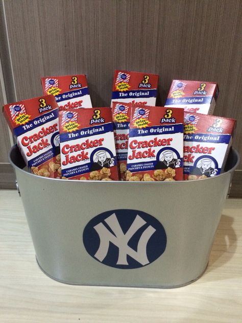 Bucket of cracker jacks for NY Yankees themed party Yankees Party Decorations, New York Yankees Party Ideas, Ny Yankees Birthday Party, Yankees First Birthday, New York Yankees Birthday Party Ideas, Yankee Theme Birthday Party, Yankees Party Ideas, Yankee Birthday Party Ideas, Yankees Birthday Party Ideas