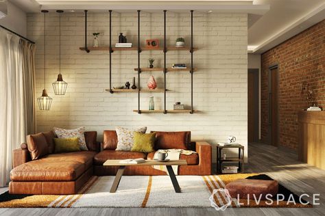 Industrial Wall Living Room, Small Industrial Living Room Ideas, Industrial Wall Decor Living Room, Small Living Room Ideas Leather Couch, Living Room Designs Brick Wall, Living Room Brick Wall Ideas, Brick Wall Design Ideas Interiors, Industrial Couches Living Room, Industrial Living Room Wall Decor