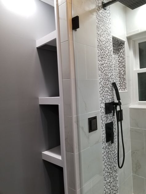 Shelves Behind Shower Storage Behind Shower Wall, Behind Shower Storage, Shelves Next To Shower Stall, Hidden Shower Storage, Shower Storage Solutions, Small Bathroom Solutions, Hidden Shower, Shower Recess, Recessed Shelves