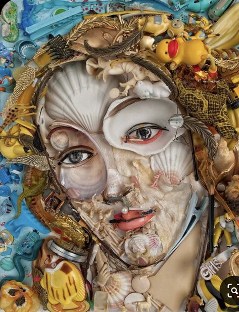 Object Collage, Portraits Artwork, Venus Botticelli, Human Mask, Waste Art, Collage Portrait, Object Art, Trash Art, Found Object Art