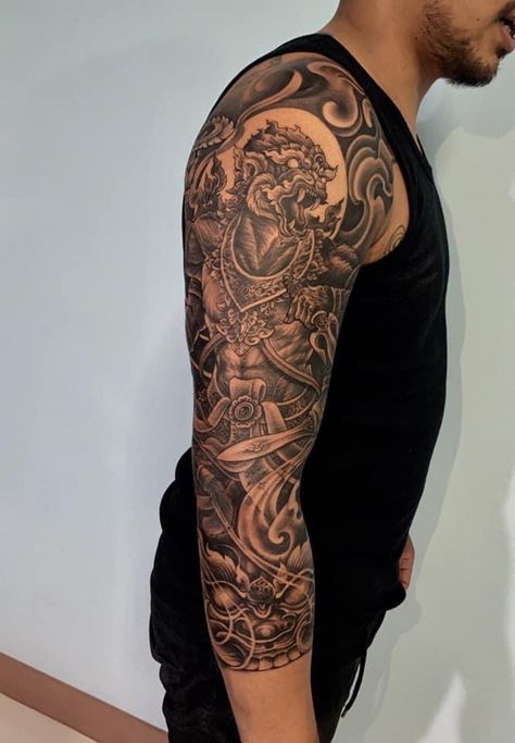 Thai Sleeve Tattoo, Mew Tattoo, Cambodian Tattoo, Tattoo 2022, Bullock Cart, Hanuman Tattoo, Khmer Tattoo, Tattoo Sleeve Filler, Thailand Tattoo