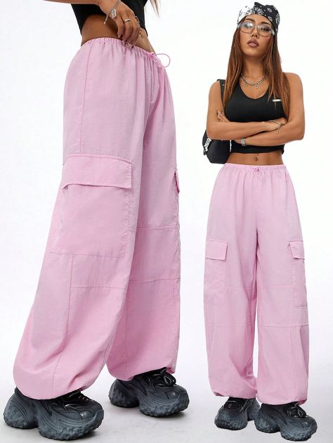 Pink Casual Collar  Woven Fabric Plain Harem/Genie Embellished Non-Stretch  Women Clothing Duet Costumes, Jogger Rosa, Pink Parachute Pants, Pink Dance Costumes, Fall Athleisure, Pink Cargo Pants, Dance Costumes Hip Hop, Y2k Preppy, Rose Bonbon