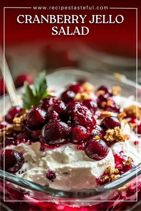 This Cranberry Jello Salad with Cream Cheese Topping is a festive and creamy dish that combines fruity flavors with a smooth, sweet topping. Perfect for holiday gatherings, it features layers of cranberry Jell-O, crushed pineapple, and a delightful cream cheese topping sprinkled with pecans. This dessert-salad is both delicious and visually appealing, making it an ideal choice for holiday tables. Jello Salad With Cream Cheese, Cream Cheese Recipes Dessert, Cranberry Jello Salad, Pineapple Jello, Cranberry Salad Recipes, Jello Mold Recipes, Cranberry Jello, Layered Jello, Cranberry Dessert