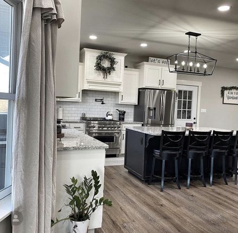 Grey Walls With White Cabinets, Grey Walls White Trim, Black And Grey Kitchen, White Cabinets White Countertops, Grey Kitchen Walls, Black Kitchen Island, Gray And White Kitchen, Grey Countertops, Kitchen Wall Colors