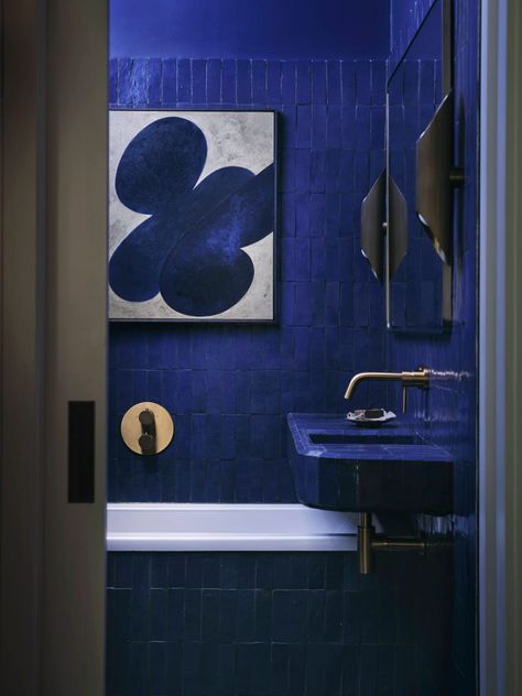 To & From Lexham Gardens apartment Petrol Blue Bathroom, Tiny Blue Bathroom, Statement Bathroom Ideas, Yves Klein Blue Interior, Blue Tadelakt, Blue And Orange Bathroom, Statement Bathrooms, 2025 Bathroom Trends, Small Blue Bathroom