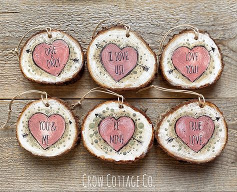 Hand painted sweetheart ornaments Valentine Wood Ornaments, Hand Painted Valentine Ornaments, Vday Decorations, Valentines Day Ornaments, Valentines Ornaments, Valentines Designs, Valentine Ornaments, Vday Decor, Wood Slice Ornaments