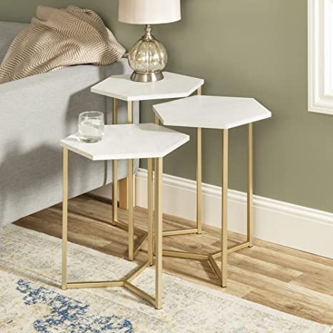 Walker Edison Modern Hexagon Nesting Side End Table Set Living Room Storage Small End Table, Set Of 3, Marble and Gold Pretty Interiors, Room Moodboard, Wood Nesting Tables, Nyc Apt, Nesting End Tables, Cuenca Ecuador, Small End Tables, Nesting Table, Marble Finish