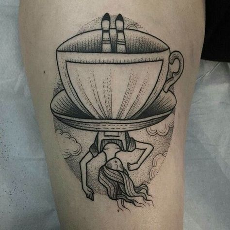 Black&white alice in wonderland falling tea cup tattoo Traditional Alice In Wonderland Tattoo, Traditional Tea Cup Tattoo, Tea Tattoo, Teacup Tattoo, Cup Tattoo, Wonderland Tattoo, 4 Tattoo, Hot Tattoos, Tattoo Life