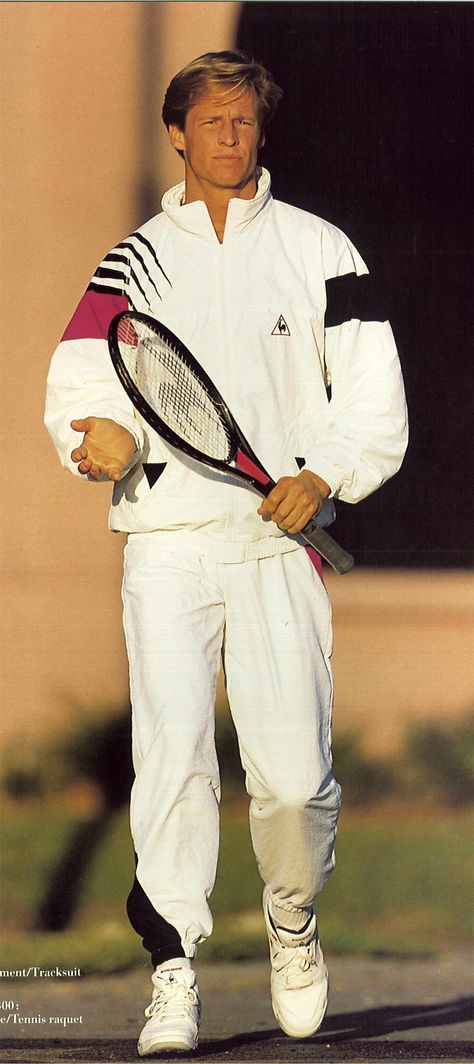 1990 - Enter the timeline >> http://www.lecoqsportif.com/survetement/uk-en  #tracksuit #retro #apparel 80s Tennis Aesthetic, Vintage Sports Outfit, Vintage Sportswear Aesthetic, Retro Gym Outfit, Retro Gym Aesthetic, Vintage Athletic Aesthetic, Retro Athletic Wear, 90s Sportswear Fashion, 80s Country Club