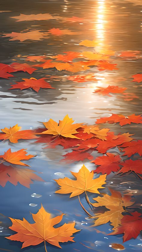 A cluster of maple leaves floating on the Surface of a lake. Maple Leaf Wallpaper Iphone, Bible Background, Thanksgiving Wallpapers, Leaves Wallpaper Iphone, Inspo Wallpaper, Holiday Inspo, Thanksgiving Wallpaper, Autumn Lake, Stunning Nature