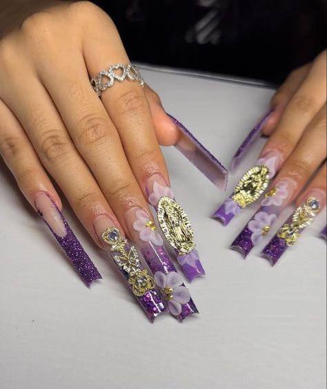 Blue Virgencita Nails, Purple Latina Nails, San Juditas Nails, Pink Virgencita Nails, Virgen Nails, Virgin Nails, Nails Bedazzled, Guadalupe Nails, Virgin Mary Nails