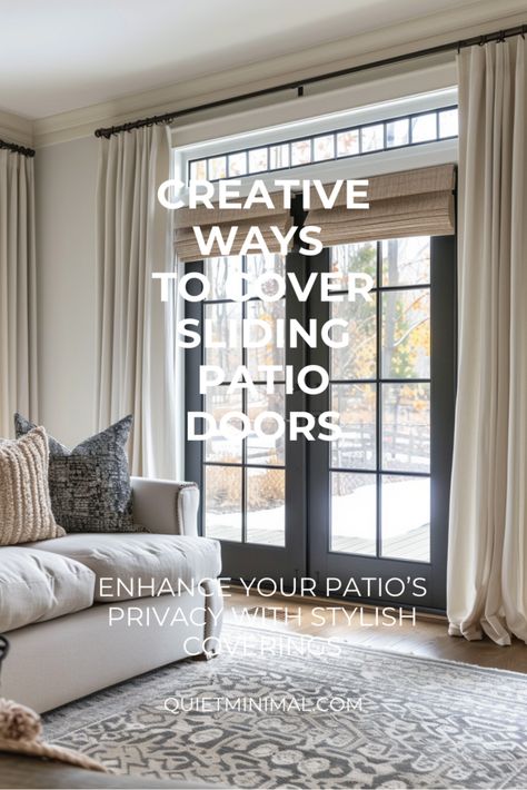 Explore creative curtain options for covering sliding patio doors. #CurtainSolutions #SlidingDoors Patio Sliding Door Curtains, Drapes On Sliding Glass Doors, Patio Doors In Living Room, Window Dressing For Sliding Glass Doors, French Door Curtain Ideas Living Room, Curtain French Door, Sliding Doors With Curtains, Curtains For Patio Doors Sliders, Drapes Over Sliding Glass Door