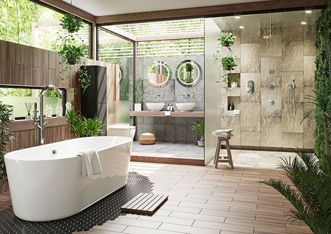 Tropical bathroom Tropical Bathroom Decor, Spa Bathroom Design, Zen Bathroom Design, Tropical Bathroom, Zen Bathroom, Outdoor Bathroom Design, Spa Bathroom, Bad Inspiration, Spa Design