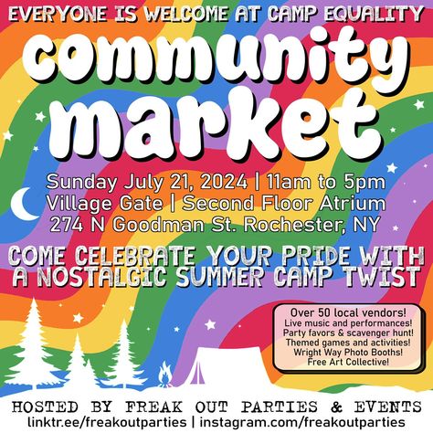 Only 16 more days until Camp Equality! Come check out this pride themed market with 50 local vendors and artisans all decked out for a Pride themed summer camp at Village Gate! And catch us in the parade the Saturday before running towards Highland park where the Rochester pride festival will be kicking off after! #HappyPride #BornThisGay #QueerArtist #Theybies #theyby #Rochester #RocArt #thingstodoinrochester Pride Festival, Before Running, Highland Park, Party Event, Summer Camp, Free Art, Live Music, Photo Booth, Gate