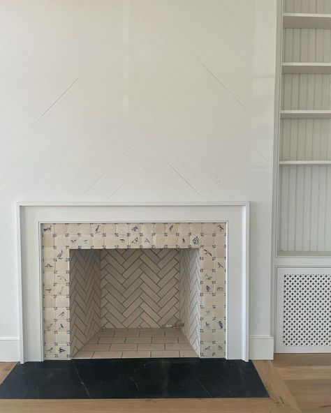 Allison Abney on Instagram: “The most charming hand painted tiles by @aviva_halter of South Carolina native shore birds. It takes a village ~ thank you to this…” Tile Around Fireplace, Wood Mantle Fireplace, White Mantel, Shore Birds, It Takes A Village, Takes A Village, Painted Tiles, Hand Painted Tile, Sullivans Island