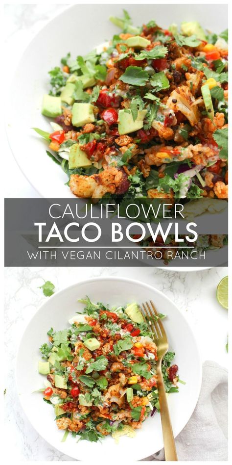 These Cauliflower Taco Bowls with Creamy Vegan Cilantro Ranch are filled with brown rice, bell peppers, onion & beans. A healthy & tasty vegan dinner | ThisSavoryVegan.com #thissavoryvegan #vegan #tacobowl Cauliflower Taco Bowls, Cauliflower Taco, Cilantro Ranch, Vegan Diner, Pasta Vegetariana, Resep Salad, Resep Diet, Taco Bowls, Savory Vegan