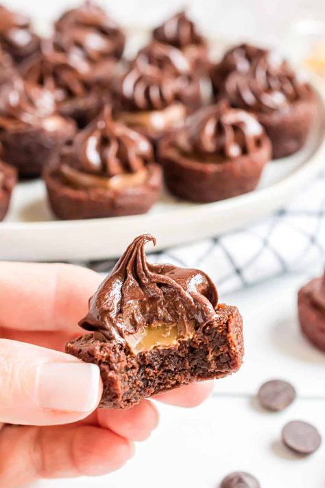 Salted Caramel Brownie Bites, Candy Filling, Gooey Desserts, Chocolate Caramel Brownies, Brownie Bites Recipe, Brownie Frosting, Caramel Slice, Shugary Sweets, Salted Caramel Brownies