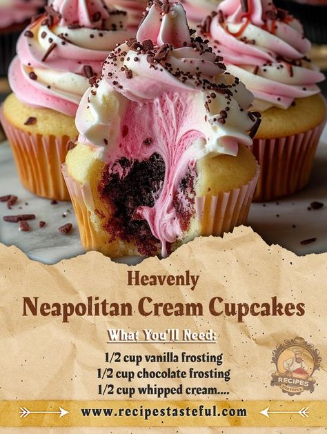 Heavenly Neapolitan Cream Cupcakes A... - Tasteful Recipes Neopolitan Cupcakes, Neapolitan Cupcakes, Vanilla Frosting Recipes, Chocolate Frosting Recipes, Vanilla Frosting, Chocolate Frosting, Vanilla Flavoring, Frosting Recipes, Cupcake Recipes