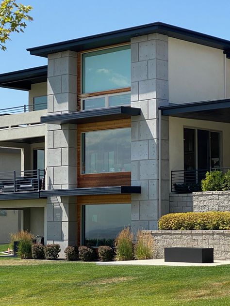 Cement block exterior Cinder Block Exterior House, Cement Block House Exterior, Gray Stucco Exterior, Concrete Block House, Cement Blocks, Stucco Exterior, Lake Travis, Cinder Block, Concrete Wood