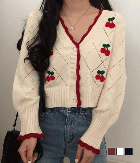 Cherry Sweater, Knitting Things, Crochet Sweater Design, Cropped Sweaters, Sweater With Buttons, Atami, Puff Sleeve Sweater, Everyday Fashion Outfits, Cute Cardigans