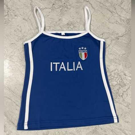 Italia Euros Blue And White Embroidered Italy Crop Top Embroidered Football Tank Tops #Italia #Tank #Babytee #Croptops Brazil Tank Top, Euros Football, Football Crop Top, Italy Tank Top, Italia Top, Football Tank Tops, Football Top, Italian Shirts, Y2k Top