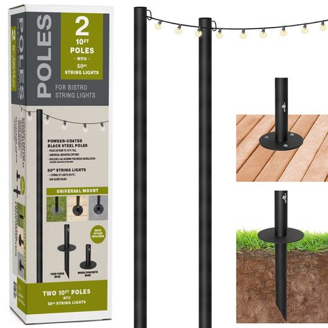 PRICES MAY VARY. HEAVY DUTY: The Excello Global Bistro String Light Poles are made from steel with a durable black powder-coat finish that adds a professional and elegant look to your outdoor space. PERFECT FOR ANY PATIO: Enhance the ambiance of your patio without ducking! Each pole extends to 10 feet tall and includes clips to keep your favorite string lights hanging securely above. INCLUDES: (2) Poles & 50 ft. of G40 lights. UNIVERSAL MOUNTING INCLUDED: Two types of bases are included for each Outdoor Patio String Lights, String Light Poles, Thanksgiving Vibes, Outdoor String Lights Patio, Rococo Furniture, Porch Life, Led String Lights Outdoor, Led Curtain Lights, Patio String Lights