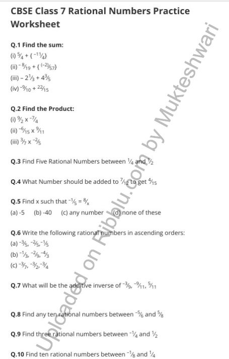 Rational Numbers Worksheet for Class 7 Maths – Chapter 9 Rational Numbers Worksheet, Numbers Worksheet, Numbers Worksheets, Maths Worksheets, Rational Numbers, Math Tutorials, Math Notes, Revision Notes, Math Questions