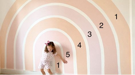 Rainbow Walls Girls Room, Boho Rainbow Girls Bedroom, Rainbow Wall Diy, Rainbow Wall Mural Diy, Girls Room Rainbow Wall, Kids Room Rainbow Wall, Diy Rainbow Wall, Kids Room Rainbow, Girls Rainbow Bedroom