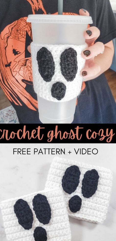 Crochet Koozie Pattern Free, Crochet Ghost Face, Ghost Face Crochet, Koozie Pattern, Crochet Halloween Patterns, Crochet Koozie, Christmas Tree Cozy, Crochet Gift Ideas, Crochet Ghost