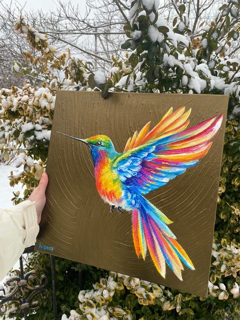 Hummingbird Painting on Canvas Colorful Hummingbird Wall Art Gold Bird Oil Painting Original Humming Bird Art Work Golden Bird Lover Gift - Etsy Bird Painting Ideas, Mates Decorados, Freedom Bird, Bird Oil Painting, Art Dragonfly, Colorful Hummingbird, Bird Painting Acrylic, Bird Paintings On Canvas, Sunset Canvas Painting